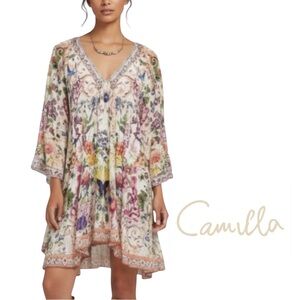 Camilla Cream Floral-Print V-Neck Mini Dress